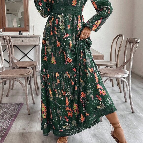 Green Boho Elegant Women's Floral Lace Trim Maxi Dress - Picture 5 of 5